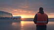 © Manganese - Airport worker watching airplane taxiing at sunset.