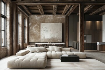 Wall Mural - Modern living room with minimalist design and cozy furnishings.