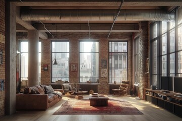 Wall Mural - Cozy urban loft with large windows and stylish furnishings.