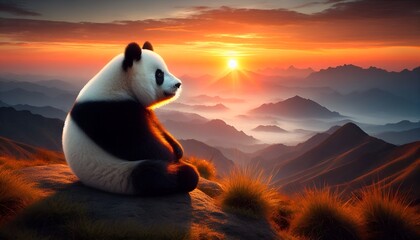 Panda Watching the Sunset on a Mountain Top