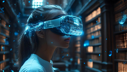 Poster - A futuristic scene of a woman wearing a virtual reality headset, immersed in a digital library filled with glowing information.