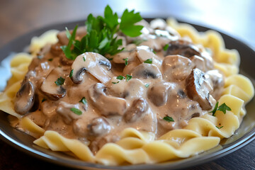 A plate of creamy mushroom pasta garnished with parsley.