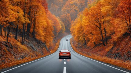 Autumn road landscape in beautiful nature travel. Mountain road scenery. Fall highway in colorful forest. Nature trip photo