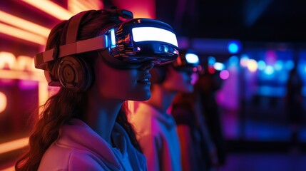 Virtual tourism through immersive environments: People using VR headsets to explore iconic destinations or futuristic locations from home.