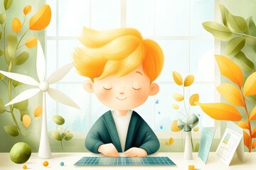 A cheerful child with blonde hair sits at a desk with educational solar panel kit and wind turbine model surrounded by vibrant indoor plants, great for educational, renewable energy