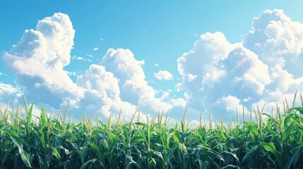 Lush cornfields under a brilliant blue sky and puffy white clouds, capturing the essence of countryside farming and natural beauty.