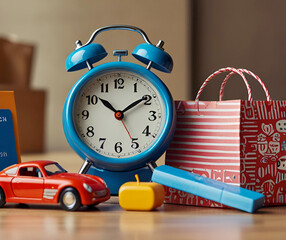 Sales concept with alarm clock and colorful shopping bags, clock and gift boxes. Ai generative