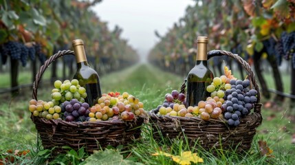 Wall Mural - Wine glass grape with background of grape plantation winery