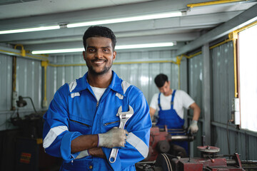 Wall Mural - A man in a blue uniform is holding a wrench and smiling. He is standing in a workshop with another man