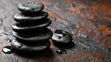 Poster - A stack of smooth, round black stones with water droplets on them