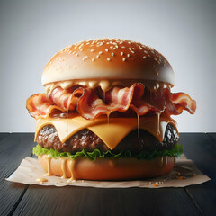 Wall Mural - realistic photograph of a delicious burger with bacon and cheese melting on a dark wooden table isolated on white background