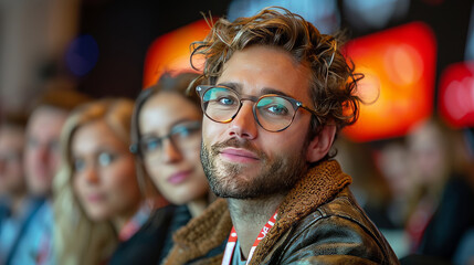 Portrait Of Confident Young Man With Glasses At A Presentation, Attentively Listening To Speaker.