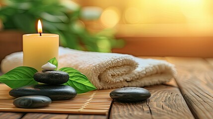 Sticker - an image of spa items like candle, stone and towel placed on bamboo mat