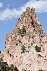 Poster - Rocky mountain peak with sparse trees under a clear blue sky.