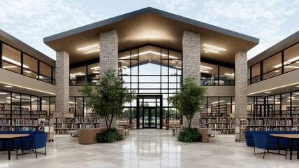 Wall Mural - Modern library interior featuring large windows, natural light, and a blend of reading spaces and greenery.