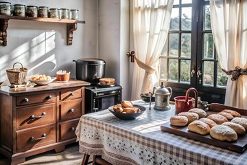 Interior view of a simple-designed kitchen with pastry on table and daylight from a big window