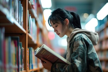 Wall Mural - Chinese student reading book bookcase library adult.