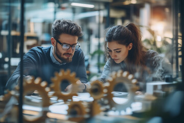 Two young professionals working together in modern workspace. They are focused on a project, with gears in the foreground suggesting themes of engineering, design, or innovation