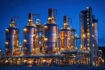 Wall Mural - Illuminated Industrial Complex with Copper Tanks and Pipelines at Dusk