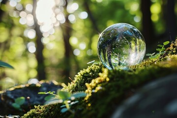 Wall Mural - Crystal ball with green moss forest outdoors woodland.