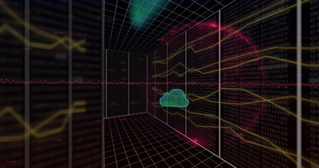 Poster - Animation of digital clouds and connections with globe over black background