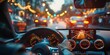© Iryna - Driver navigating through busy city streets in the evening with illuminated dashboard, bokeh lights, and navigation display on screen