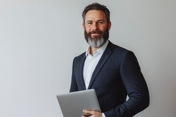 Wall Mural - Portrait of a positive successful caucasian bearded business man in a suit, seo, consultant, broker, standing on isolated white background, with generative ai