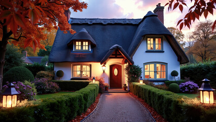 A beautiful, inviting thatched home surrounded by a pristine landscaped garden, the interior lights are on casting a warm glow at twilight. Classic architecture.