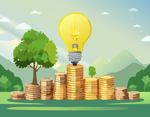 Wall Mural - Energy saving light bulb and tree growing on stacks of coins on nature background. Saving, accounting and financial concept.