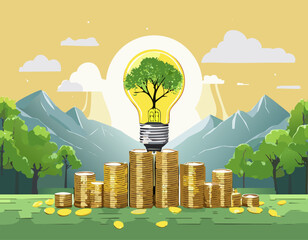 Wall Mural - Energy saving light bulb and tree growing on stacks of coins on nature background. Saving, accounting and financial concept.