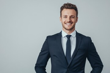 Portrait of handsome caucasian man in formal suit looking at camera smiling with toothy smile isolated in white background. Confident businessman ceo boss freelancer manager with generative ai