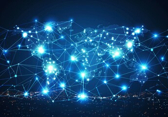 Poster - Global Network Connections - Illuminated Digital World Map in Blue Hues on Dark Background for Technology and Trade Designs