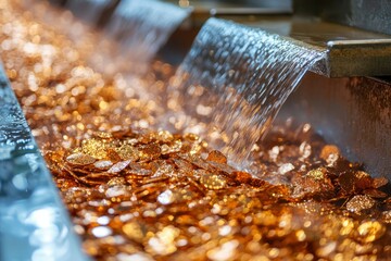 Canvas Print - Gold Flakes Being Washed in a Metal Conveyor Belt