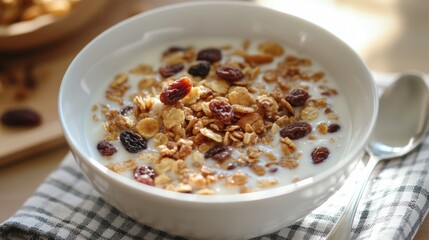 Breakfast cereal with raisin and milk