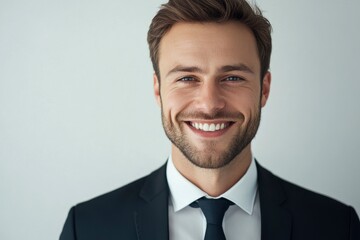 Wall Mural - Portrait of handsome caucasian man in formal suit looking at camera smiling with toothy smile isolated in white background. Confident businessman ceo boss freelancer manager with generative ai