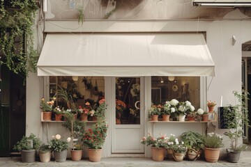 Sticker - A front view of a minimal cozy modern minimal and elegant flower shop awning pot cookware.