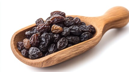 Raisin grain in wooden spoon closeup view