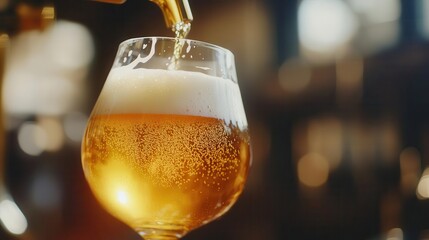 artisanal beer pour captured in slow motion golden liquid cascading into a frosted glass backlit scene highlights the rich color and foamy head emphasizing craft brewing quality