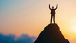 © Vilaysack - Silhouette of a businessman standing on top of a mountain peak with arms raised, celebrating success against a sunrise background.