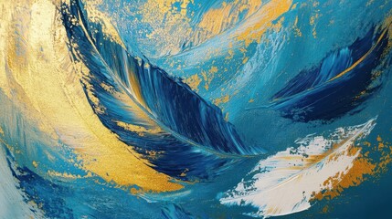 Wall Mural - artistic abstract background with feathers blue and gold brushstrokes textured oil painting