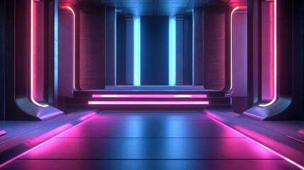 Aufkleber - Sci-fi themed modern stage with a 3D high-tech podium, glowing light effects, and a sleek, futuristic environment for presentations