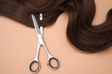 Wall Mural - Brown hair strand and professional scissors on pale coral background, top view