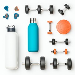 A vibrant arrangement of gym equipment including dumbbells, water bottles, and fitness accessories, ideal for health and wellness content.