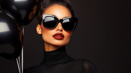 Elegant Woman in Black Sunglasses Holding Black Balloons on Black Background, Black Friday Promotion Concept, Glamorous and Confident Posh Female in Studio.