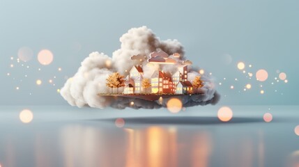 Poster - Explore surreal business solutions with cloud computing, featuring floating office buildings interconnected by glowing pathways.