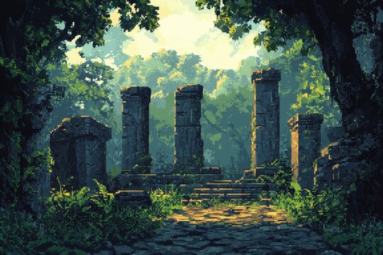 Digital Jungle Serenity - Pixelated temples in lush greenery with space for text overlay.
