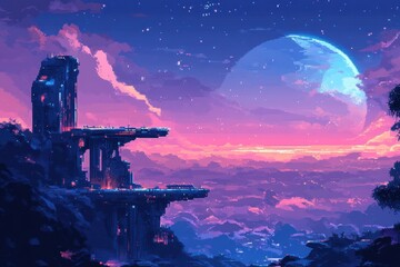 Wall Mural - Futuristic Pixelated Space Station and Planet in Pixel Art Style with Copy Space in the Sky