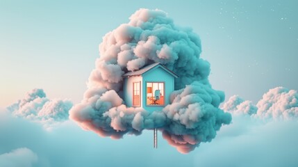 Poster - Create captivating images of remote work with surreal home offices suspended amidst ethereal cloud formations.