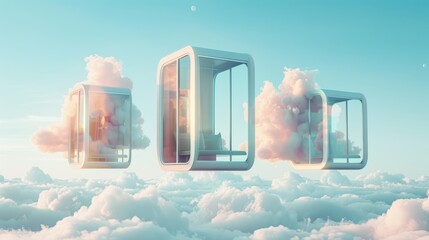 Poster - Capture the essence of cloud computing for remote work with surreal compositions of virtual meeting rooms soaring through misty skies.