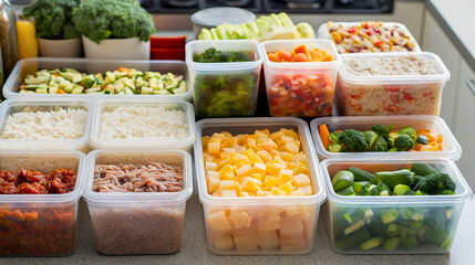 Healthy meal portions in plastic containers, fresh food packed for lunch, dinner, or snack, nutritious cuisine with vegetables, meat and vegetables, organized in a kitchen for convenient takeaway meal